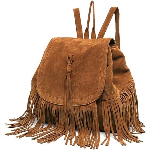 ✨Women Brown Leather Suede Fringed Tassel Backpack Purse Fashion Shoulder Bag - Picture 2 of 7